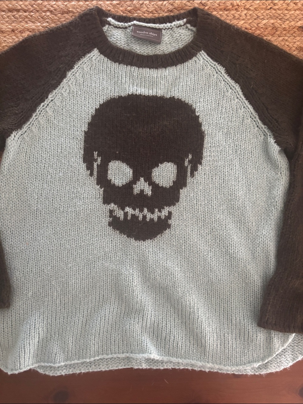 Wooden Ships Women’s Cashmere Crewneck Skull Sweater in Light Gray and Brown